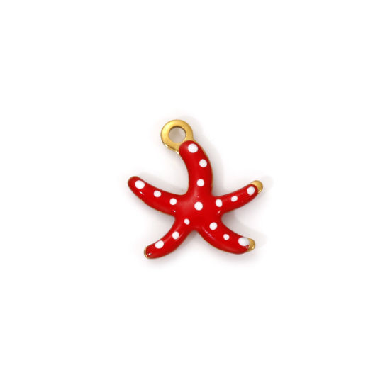 Immagine di 5 PCs Eco-friendly PVD Vacuum Plating 304 Stainless Steel Ocean Jewelry Charms 18K Real Gold Plated Red Enamel Star Fish Spot 10.5mm x 10mm