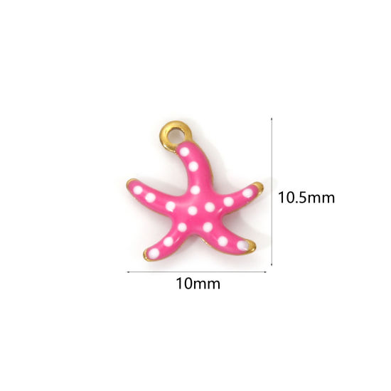 Immagine di 5 PCs Eco-friendly PVD Vacuum Plating 304 Stainless Steel Ocean Jewelry Charms 18K Real Gold Plated Hot Pink Enamel Star Fish Spot 10.5mm x 10mm