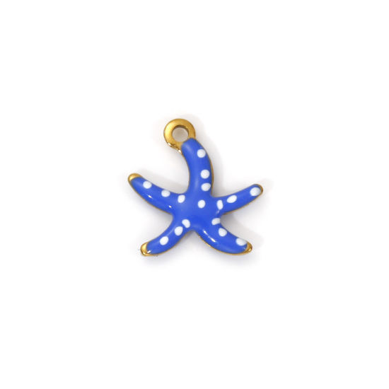 Immagine di 5 PCs Eco-friendly PVD Vacuum Plating 304 Stainless Steel Ocean Jewelry Charms 18K Real Gold Plated Dark Blue Enamel Star Fish Spot 10.5mm x 10mm