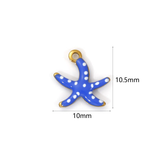 Immagine di 5 PCs Eco-friendly PVD Vacuum Plating 304 Stainless Steel Ocean Jewelry Charms 18K Real Gold Plated Dark Blue Enamel Star Fish Spot 10.5mm x 10mm