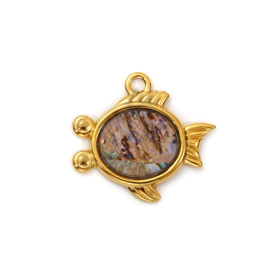 Image de 2 PCs Eco-friendly PVD Vacuum Plating 304 Stainless Steel & Natural Shell Ocean Jewelry Charms 18K Real Gold Plated Multicolor Goldfish 26mm x 24mm