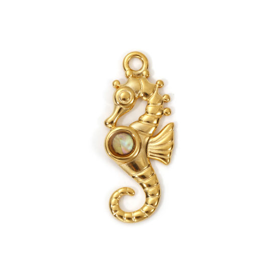 Image de 2 PCs Eco-friendly PVD Vacuum Plating 304 Stainless Steel & Natural Shell Ocean Jewelry Pendants 18K Real Gold Plated Multicolor Seahorse Animal 3.2cm x 1.3cm