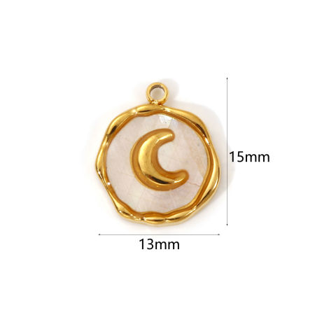 Picture of 2 PCs Eco-friendly PVD Vacuum Plating Waterproof Anti-Tarnish Hypoallergenic 304 Stainless Steel & Natural Shell Galaxy Charms 18K Real Gold Plated White Irregular Moon 15mm x 13mm
