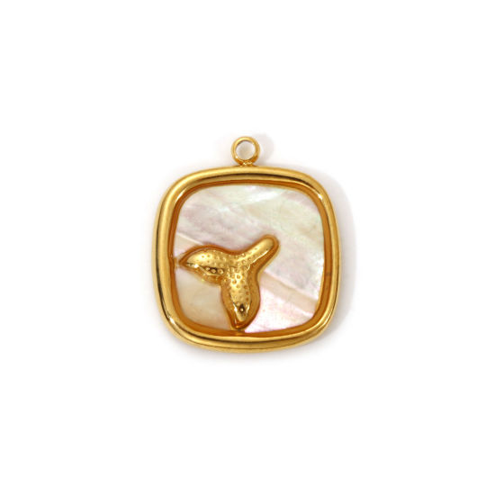 Imagen de 1 Piece Eco-friendly PVD Vacuum Plating 304 Stainless Steel & Natural Shell Charms 18K Real Gold Plated Creamy-White Square Fishtail 18mm x 16mm