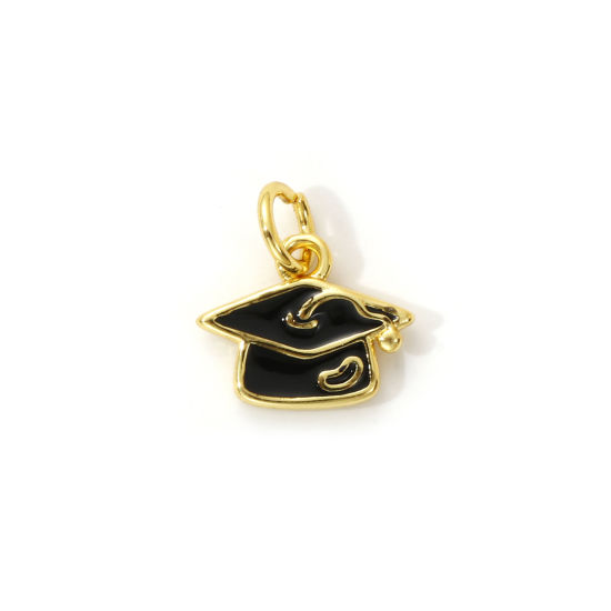 Bild von 2 Stück Messing College Schmuck Charms 18K Vergoldet Schwarz Emaille Doktorhut 13mm x 11mm