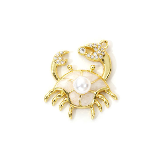 Imagen de 1 Unidad Latón Joyería del océano Colgantes Chapado en Oro de 18K Blanco Crema Esmalte Cangrejo Acrílico Imitación de Perla Claro Circón Artificial 27mm x 24mm