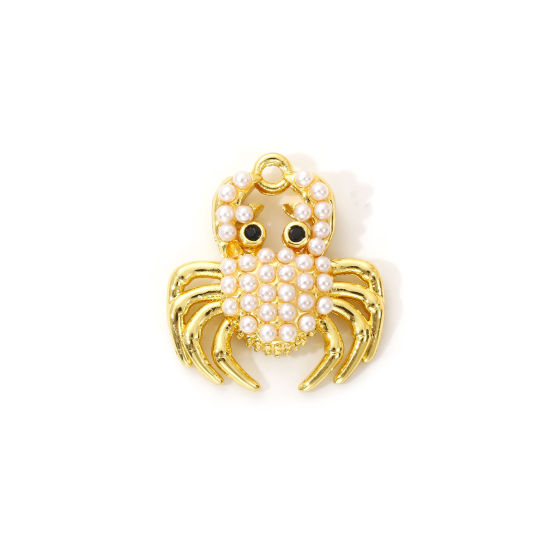 Imagen de 2 Unidades Latón Joyería del océano Colgantes Chapado en Oro de 18K Blanco Cangrejo Acrílico Imitación de Perla Negro Circón Artificial 19mm x 17.5mm