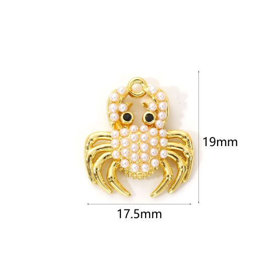 Imagen de 2 Unidades Latón Joyería del océano Colgantes Chapado en Oro de 18K Blanco Cangrejo Acrílico Imitación de Perla Negro Circón Artificial 19mm x 17.5mm