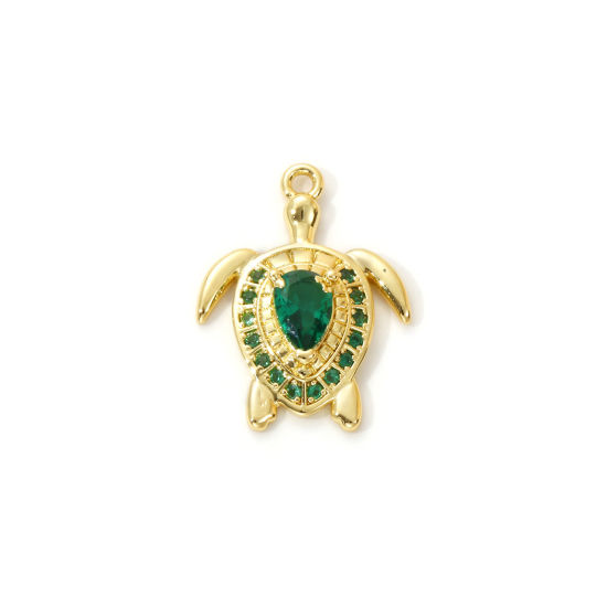 Imagen de 2 Unidades Latón Joyería del océano Colgantes Chapado en Oro de 18K Tortuga Micro Pave Verde Circón Artificial 19mm x 14mm