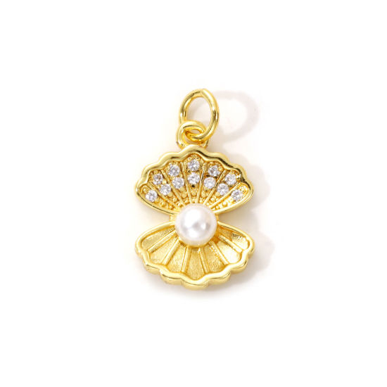 Imagen de 2 Unidades Latón Colgantes Chapado en Oro de 18K Blanco Concha Acrílico Imitación de Perla Claro Circón Artificial 19mm x 11mm