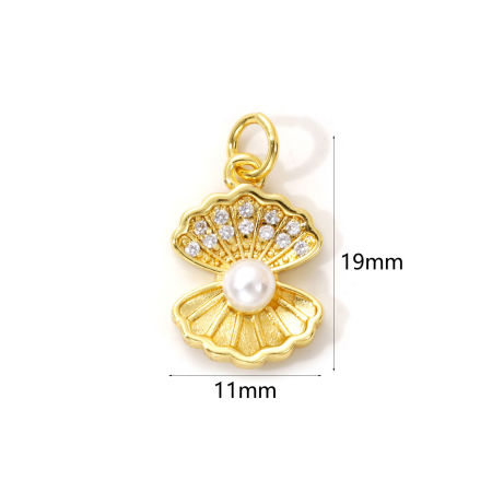 Picture of 2 PCs Brass Charms 18K Gold Plated White Shell Acrylic Imitation Pearl Clear Cubic Zirconia 19mm x 11mm