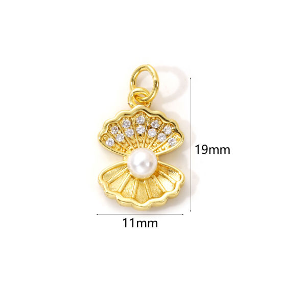 Imagen de 2 Unidades Latón Colgantes Chapado en Oro de 18K Blanco Concha Acrílico Imitación de Perla Claro Circón Artificial 19mm x 11mm