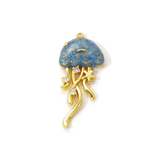 Immagine di 1 Pz Ottone Gioielli Oceanici Ciondoli Pendenti Placcato Oro 18K Blu Smalto Medusa Brillio Trasparente Cubic Zirconiae 3.6cm x 1.6cm