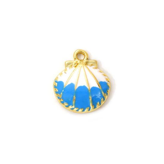 Immagine di 1 Pz Ottone Ciondoli Placcato Oro 18K Bianco & Blu Smalto Conchiglia 13mm x 12mm