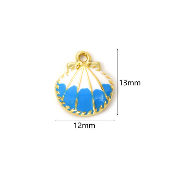 Immagine di 1 Pz Ottone Ciondoli Placcato Oro 18K Bianco & Blu Smalto Conchiglia 13mm x 12mm