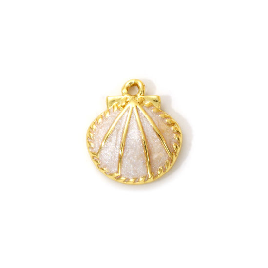 Immagine di 1 Pz Ottone Ciondoli Placcato Oro 18K Bianco Sporco Smalto Conchiglia Madreperla 13mm x 12mm
