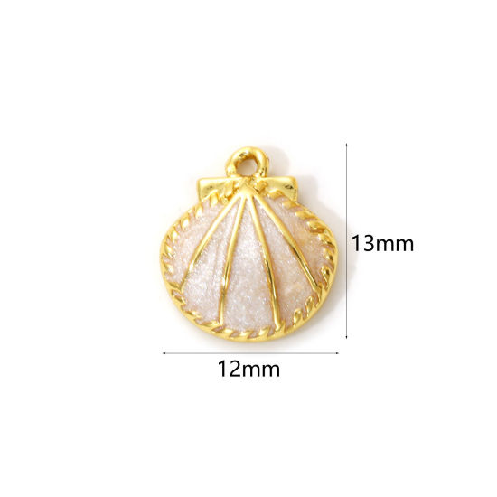 Immagine di 1 Pz Ottone Ciondoli Placcato Oro 18K Bianco Sporco Smalto Conchiglia Madreperla 13mm x 12mm