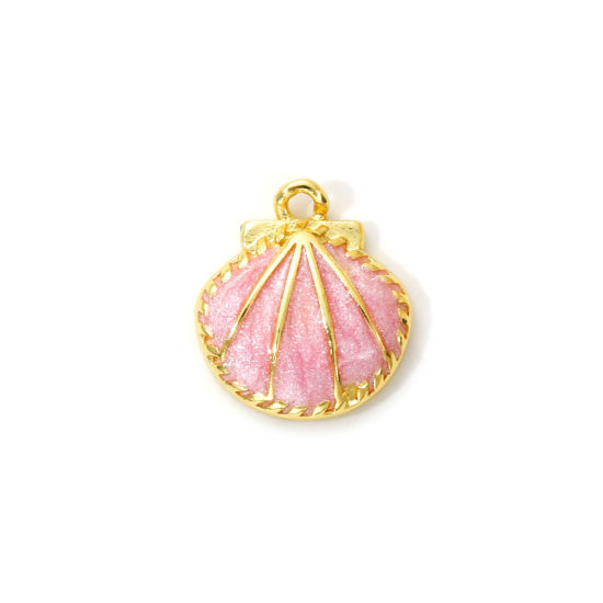 Immagine di 1 Pz Ottone Ciondoli Placcato Oro 18K Rosa Smalto Conchiglia Madreperla 13mm x 12mm