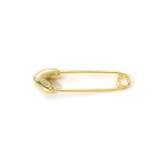 Picture of 1 Piece Brass Valentine's Day Pendants 18K Gold Plated Pin Heart 3D Clear Cubic Zirconia 3.9cm x 1cm