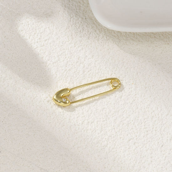 Picture of 1 Piece Brass Valentine's Day Pendants 18K Gold Plated Pin Heart 3D Clear Cubic Zirconia 3.9cm x 1cm