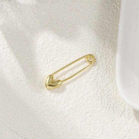 Picture of 1 Piece Brass Valentine's Day Pendants 18K Gold Plated Pin Heart 3D Clear Cubic Zirconia 3.9cm x 1cm