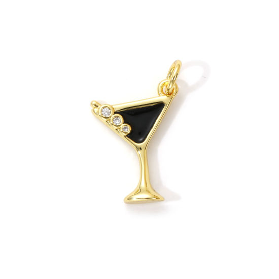 Imagen de 2 Unidades Latón Colgantes Chapado en Oro de 18K Negro Esmalte Copa de Vino Micro Pave Claro Circón Artificial 20mm x 13mm