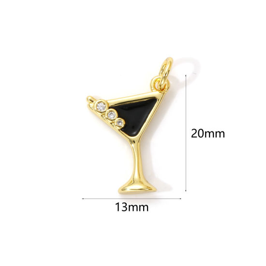 Imagen de 2 Unidades Latón Colgantes Chapado en Oro de 18K Negro Esmalte Copa de Vino Micro Pave Claro Circón Artificial 20mm x 13mm