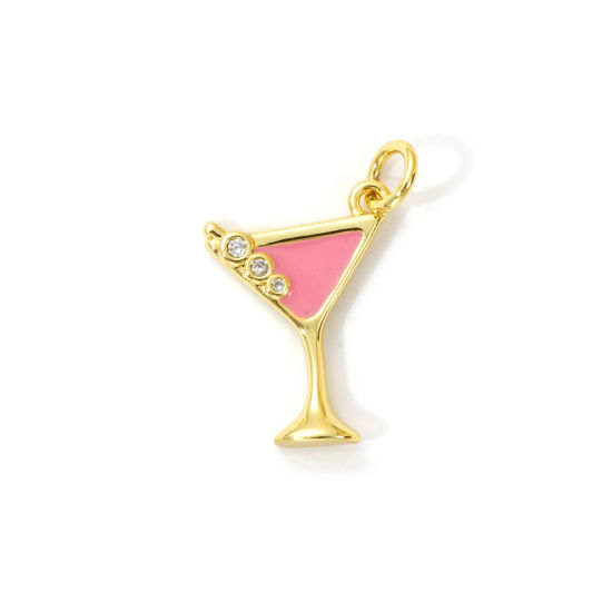 Imagen de 2 Unidades Latón Colgantes Chapado en Oro de 18K Rosado Esmalte Copa de Vino Micro Pave Claro Circón Artificial 20mm x 13mm