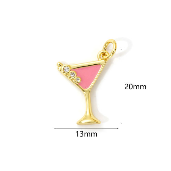 Imagen de 2 Unidades Latón Colgantes Chapado en Oro de 18K Rosado Esmalte Copa de Vino Micro Pave Claro Circón Artificial 20mm x 13mm