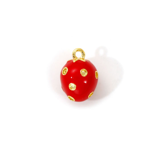 Image de 2 Pcs Breloques en Laiton Plaqué Or 18K Rouge Émail Fraises Mini 10mm x 7mm