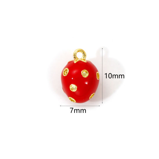 Image de 2 Pcs Breloques en Laiton Plaqué Or 18K Rouge Émail Fraises Mini 10mm x 7mm