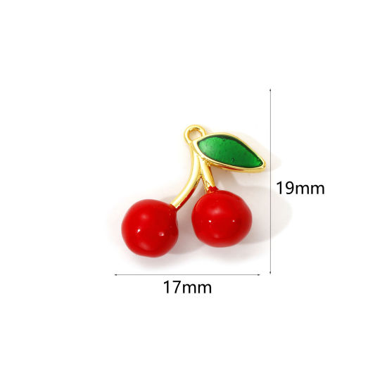 Image de 2 Pcs Breloques en Laiton Plaqué Or 18K Rouge Émail Cerise 3D 19mm x 17mm