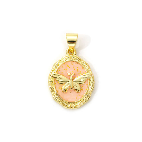Imagen de 2 Unidades Latón Insecto Colgantes Charms Chapado en Oro de 18K Naranja Rosa Esmalte Óvalo Mariposa Brillo 23mm x 14mm