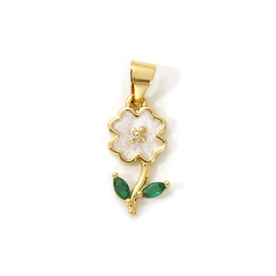 Imagen de 2 Unidades Latón Colgantes Charms Chapado en Oro de 18K Blanco Esmalte Flor Perlado Verde Circón Artificial 22mm x 8.5mm