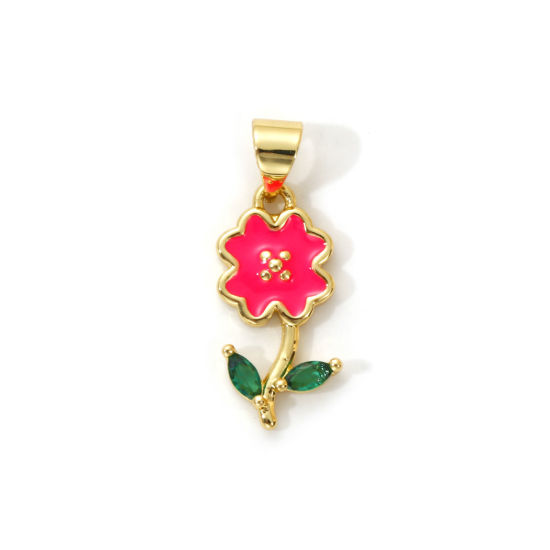 Imagen de 2 Unidades Latón Colgantes Charms Chapado en Oro de 18K Rosa Intenso Esmalte Flor Perlado Verde Circón Artificial 22mm x 8.5mm