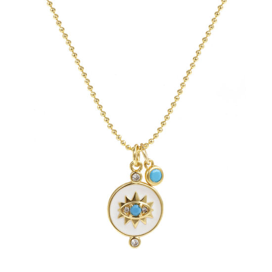 Изображение 18K Real Gold Plated Ball Chain Round Pendant Charm Necklace, Brass 45cm(17.7") + 5cm(2"), For Women, Clear Cubic Zirconia Eye of Providence/ All-seeing Eye White Enamel Retro Religious Gift, Eco-friendly, 1 Piece