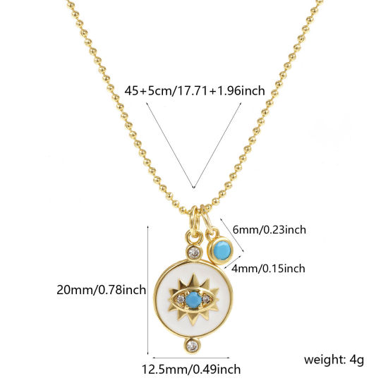 Изображение 18K Real Gold Plated Ball Chain Round Pendant Charm Necklace, Brass 45cm(17.7") + 5cm(2"), For Women, Clear Cubic Zirconia Eye of Providence/ All-seeing Eye White Enamel Retro Religious Gift, Eco-friendly, 1 Piece