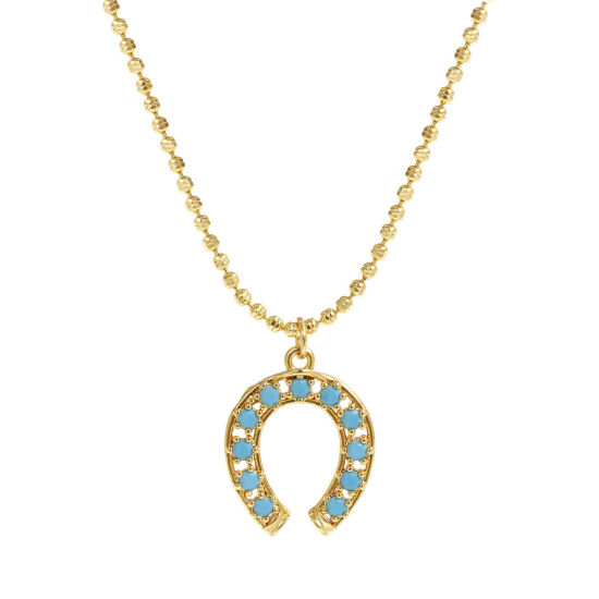 Изображение 18K Real Gold Plated Ball Chain Luck Horseshoe Pendant Charm Necklace, Brass 45cm(17.7") + 5cm(2"), For Women, Blue Cubic Zirconia Retro West Cowboy Gift, Eco-friendly, 1 Piece