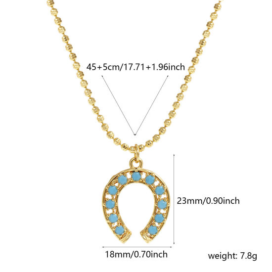 Изображение 18K Real Gold Plated Ball Chain Luck Horseshoe Pendant Charm Necklace, Brass 45cm(17.7") + 5cm(2"), For Women, Blue Cubic Zirconia Retro West Cowboy Gift, Eco-friendly, 1 Piece