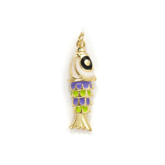 1 Piece Eco-friendly Brass Ocean Jewelry Pendants 18K Real Gold Plated Multicolor Enamel Fish Animal 3D 3.3cm x 1cm の画像