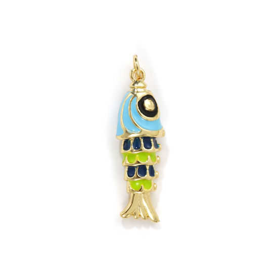 1 Piece Eco-friendly Brass Ocean Jewelry Pendants 18K Real Gold Plated Multicolor Enamel Fish Animal 3D 3.3cm x 1cm の画像