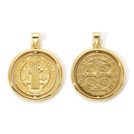 Immagine di 1 Piece Eco-friendly Brass Religious Pendants 18K Real Gold Plated Round Disc St. Benedict Medal Rotatable 3.2cm x 2.5cm