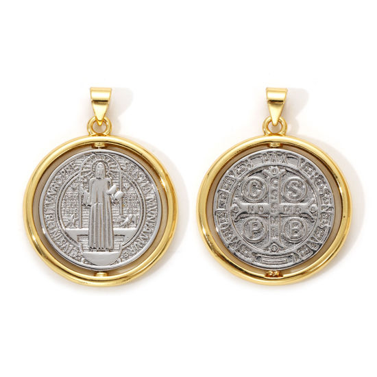 Immagine di 1 Piece Eco-friendly Brass Religious Pendants 18K Real Gold Plated & Real Platinum Plated Two Tone Round Disc St. Benedict Medal Rotatable 3.2cm x 2.5cm