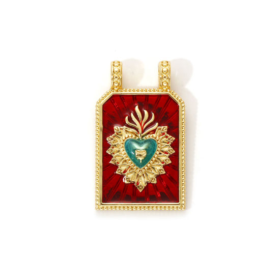 Immagine di 1 Piece Eco-friendly Brass Religious Charms 18K Real Gold Plated Red Enamel Hexagon Ex Voto Heart 29mm x 17.5mm