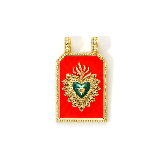 Immagine di 1 Piece Eco-friendly Brass Religious Charms 18K Real Gold Plated Orange-red Enamel Hexagon Ex Voto Heart 29mm x 17.5mm