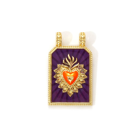 Immagine di 1 Piece Eco-friendly Brass Religious Charms 18K Real Gold Plated Purple Enamel Hexagon Ex Voto Heart 29mm x 17.5mm