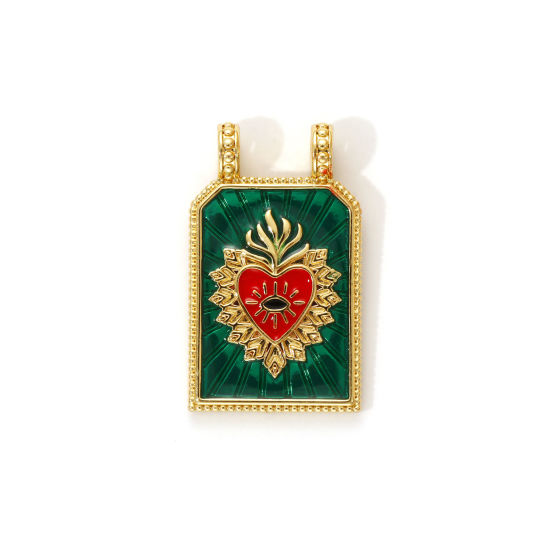 Immagine di 1 Piece Eco-friendly Brass Religious Charms 18K Real Gold Plated Green Enamel Hexagon Ex Voto Heart 29mm x 17.5mm