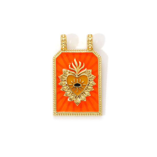 Immagine di 1 Piece Eco-friendly Brass Religious Charms 18K Real Gold Plated Orange Enamel Hexagon Ex Voto Heart 29mm x 17.5mm