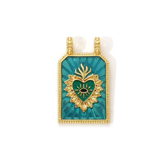 Immagine di 1 Piece Eco-friendly Brass Religious Charms 18K Real Gold Plated Peacock Green Enamel Hexagon Ex Voto Heart 29mm x 17.5mm