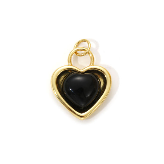 Bild von 1 Piece Eco-friendly Brass & Agate Valentine's Day Charms 18K Real Gold Plated Black Heart 22mm x 16mm